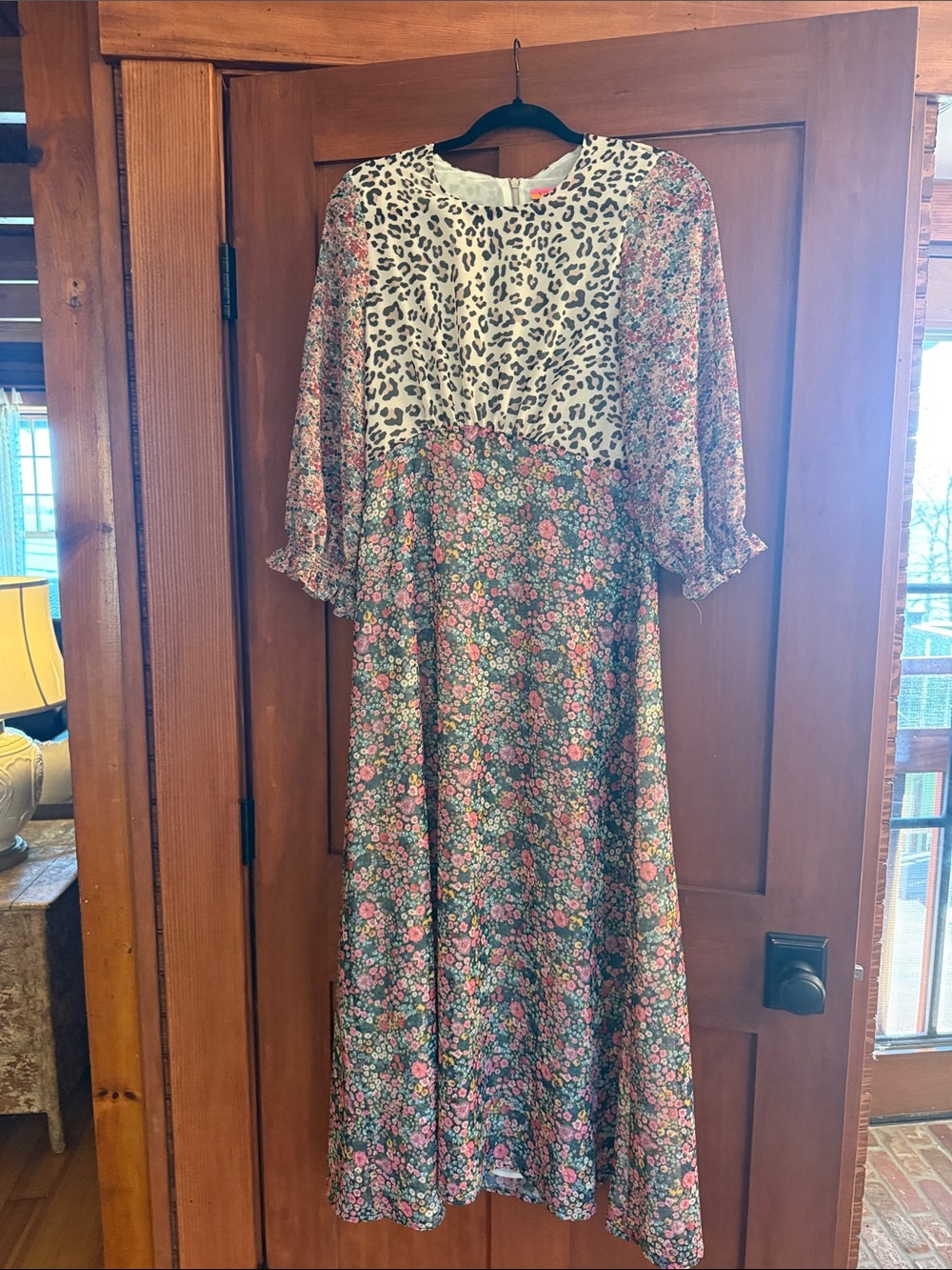 Vilagallo Floral and Leopard Print Midi Dress — Pink, Green, Cream